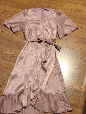 Lulu's Dusty Rose Blush Satin Wrap Dress M
